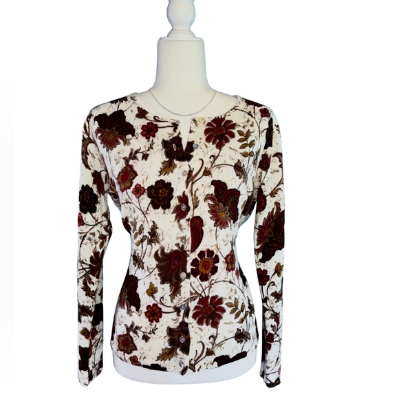Classic Elements Floral Leaves Fall Print Front Button Cardigan Size L - Picture 1 of 5